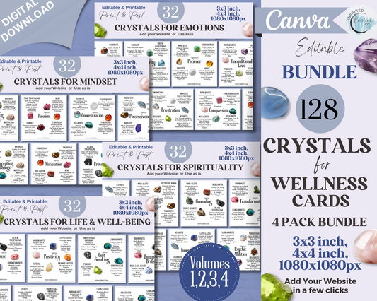 128 Crystals for Mindset, Emotions, Spirituality, Life and Well-Being Crystal Card Bundle Collection- Canva, Printable Crystal Cards & Posts