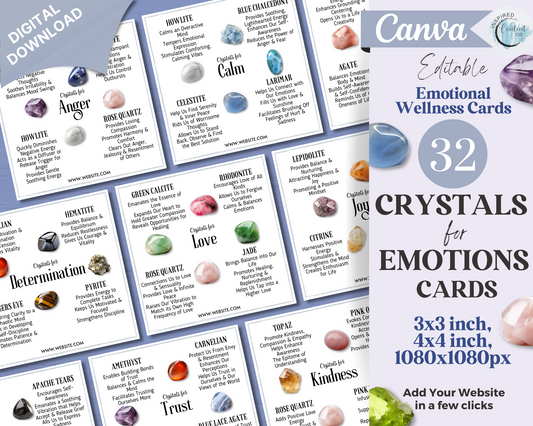 32 Crystals for Emotions Cards, Editable Crystal Kit Card Set -Canva