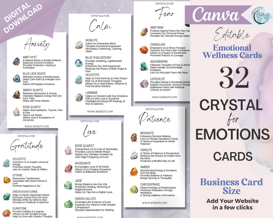 32 Crystals for Emotions Cards, Editable Crystal Kit Cards Set Business Card Size