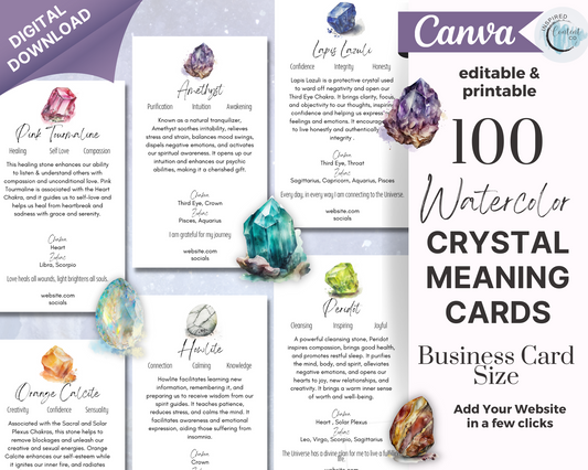 100 Editable Watercolor Crystal Meaning Cards, Printable Gemstone Meaning Cards
