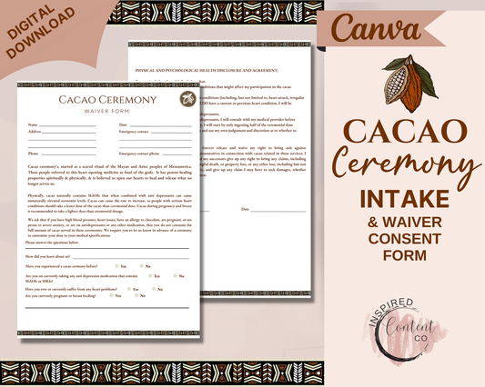 Cacao Ceremony Intake Consent & Waiver Form, Cacao Energy Healing Intake Form Editable in Canva, Printable Consent and Waiver Form Template