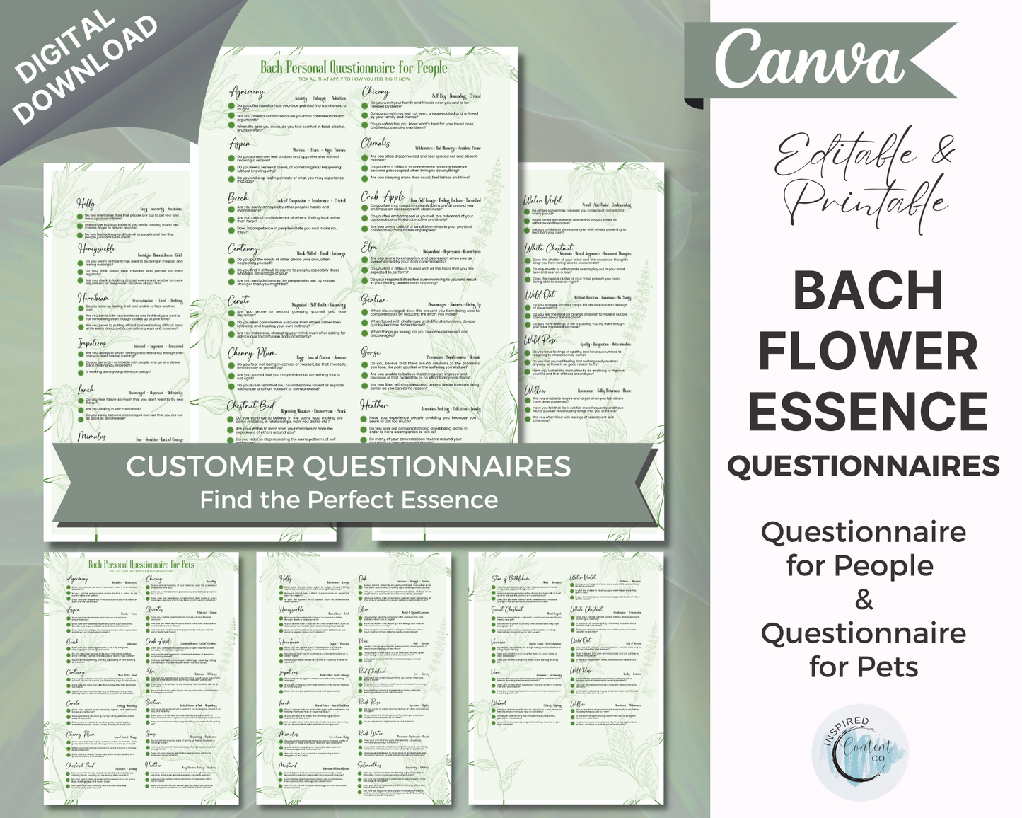 Bach Flower Essence Questionnaire Sheet for People & Pets / Animals - Bach Homeopathic Guide, Bach Questionnaire - Canva, PDF and PNG