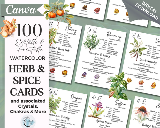 100 Herb & Spice Crystal Cards, Apothecary Herb Meaning Cards