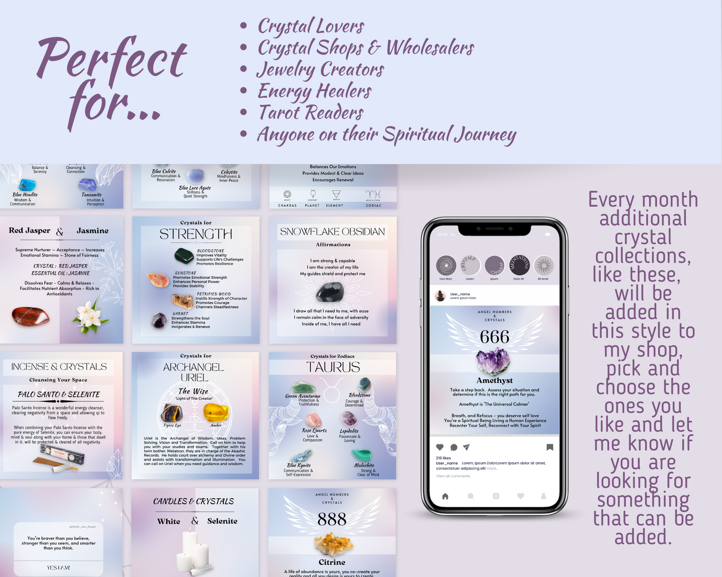 Crystal Social Media Posts Bundle - Vol 1,2,3 & 4 Energy Healing Instagram Posts