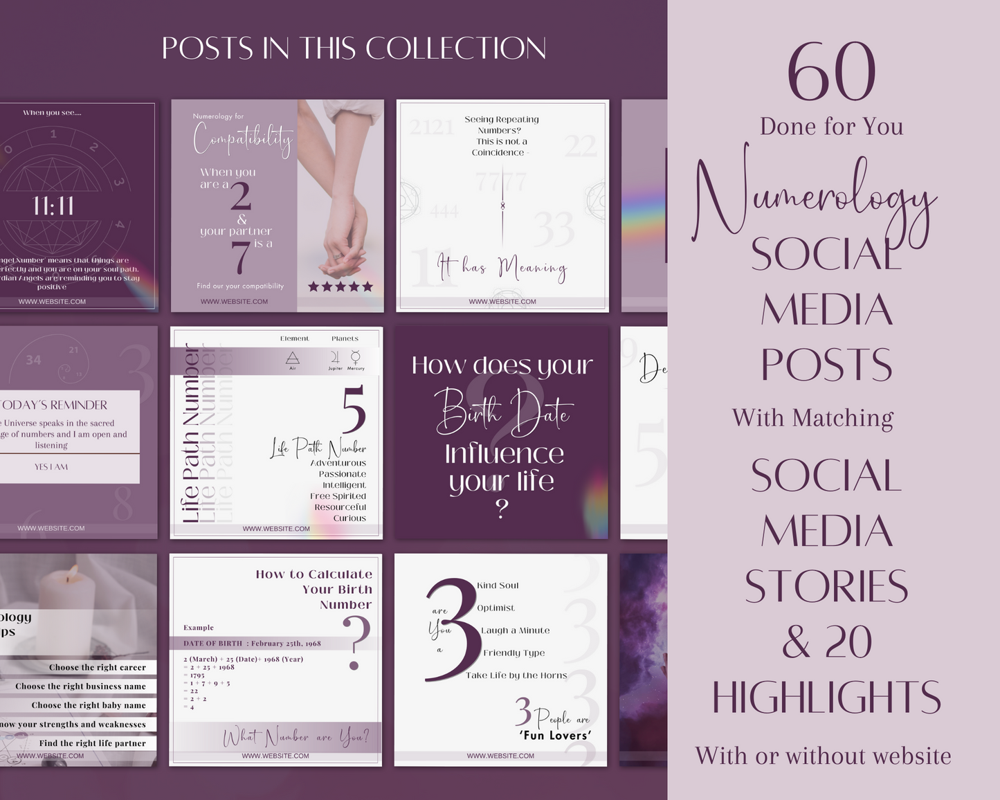 Numerology Social Media Posts Bundle, Numerological info on life path numbers, personality, compatibility, birthdate & astrology -  in Canva