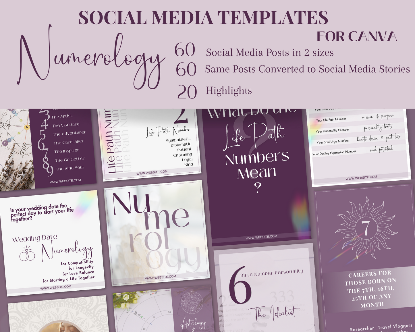 Numerology Social Media Posts Bundle, Numerological info on life path numbers, personality, compatibility, birthdate & astrology -  in Canva