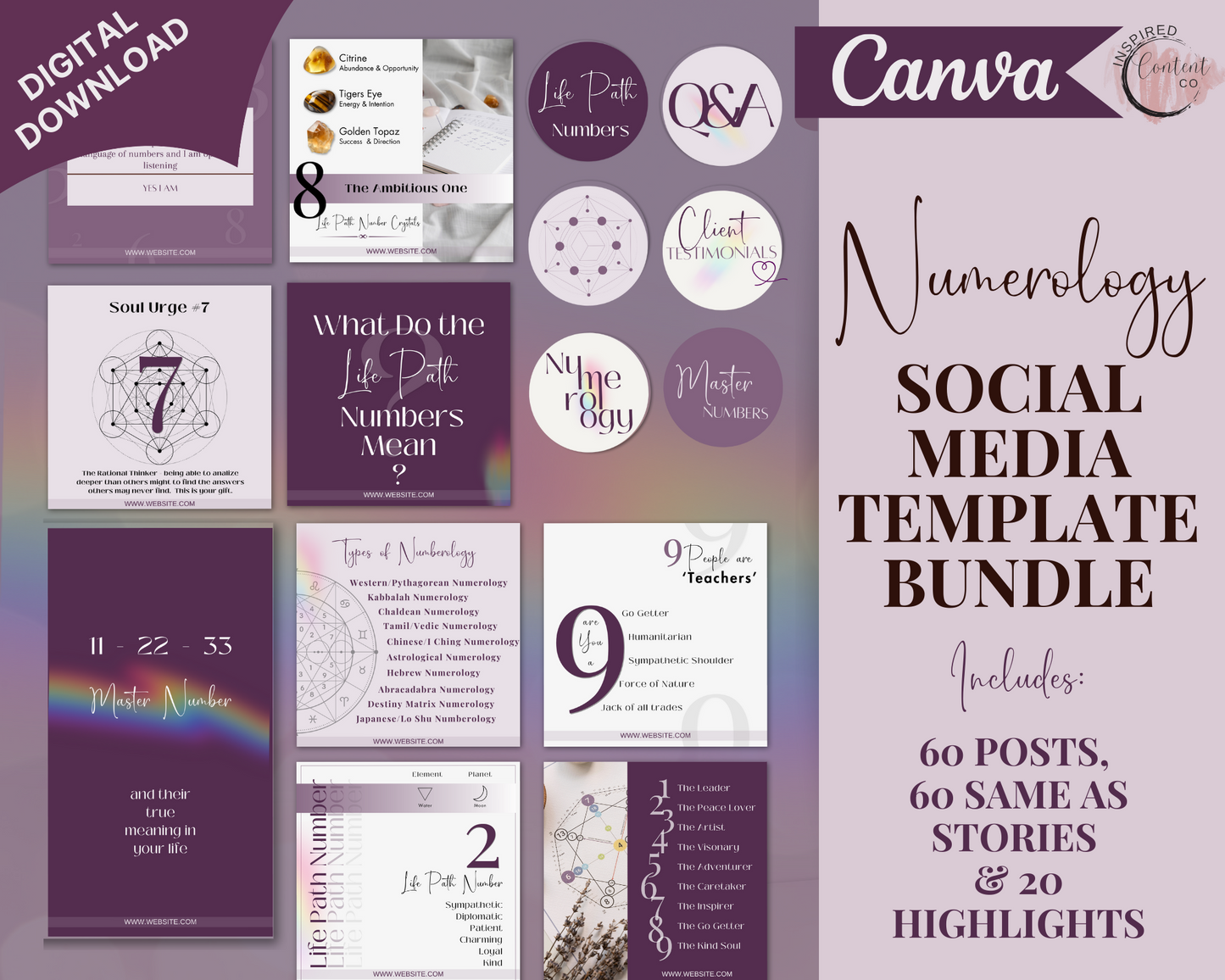 Numerology Social Media Posts Bundle, Numerological info on life path numbers, personality, compatibility, birthdate & astrology -  in Canva