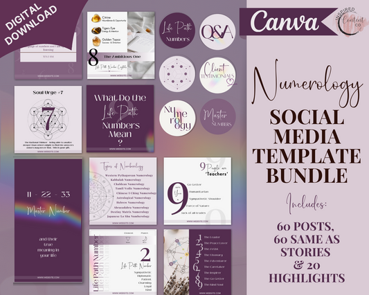 Numerology Social Media Posts Bundle, Numerological info on life path numbers, personality, compatibility, birthdate & astrology - in Canva