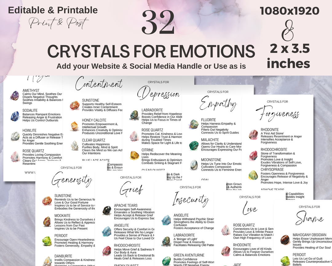 Crystal Message Cards 32 Crystals for Emotions Cards, Editable Crystal Kit Cards Set Busines ...