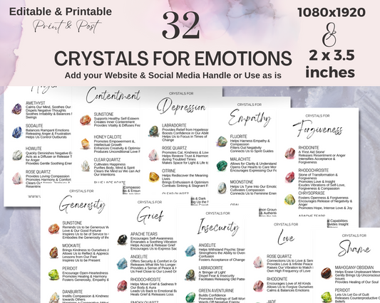 32 Crystals for Emotions Cards, Editable Crystal Kit Cards Set Business Card Size