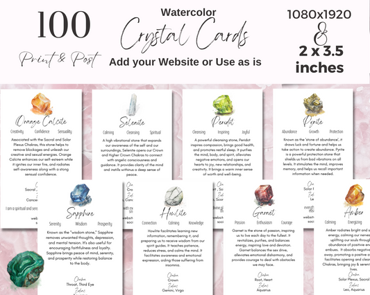 100 Editable Watercolor Crystal Meaning Cards, Printable Gemstone Meaning Cards