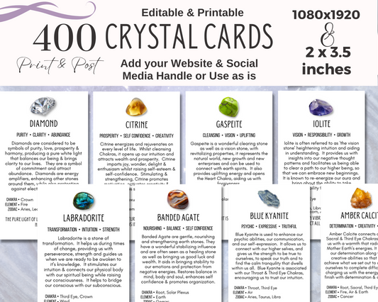 400 Business Card - Crystal Meaning Cards, Printable Gemstone Meaning Cards