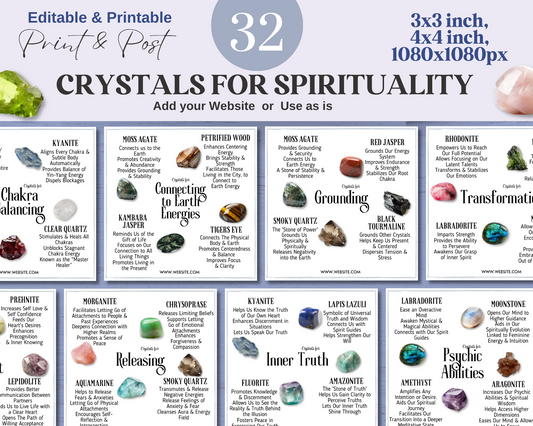 32 Crystals for Spirituality Cards, Editable Crystal Kit Card Set, Canva Printable Crystals for Spirituality