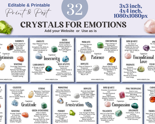32 Crystals for Emotions Cards, Editable Crystal Kit Card Set -Canva
