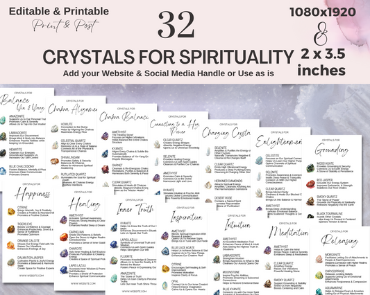 32 Crystals for Spirituality Cards, Editable Crystal Kit Cards Set Business Card Size