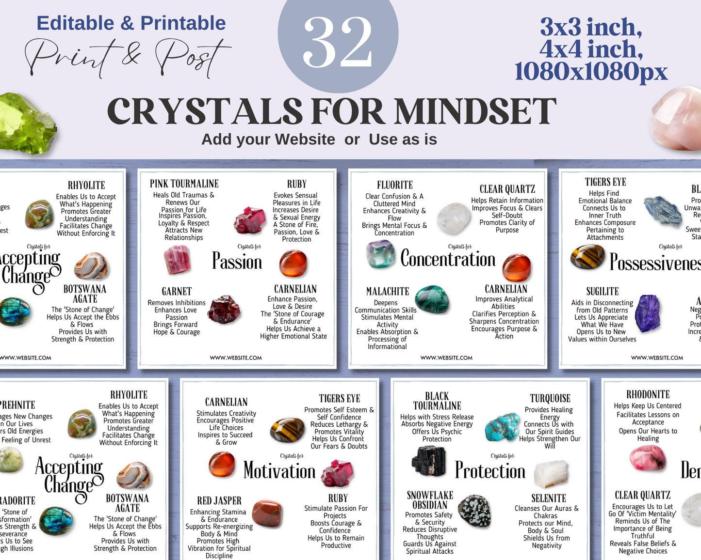 32 Crystals for Mindset Cards, Editable Crystal Kit Card Set - Canva