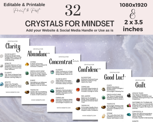 32 Crystals for Mindset Cards, Editable Crystal Kit Cards Set Business Card Size