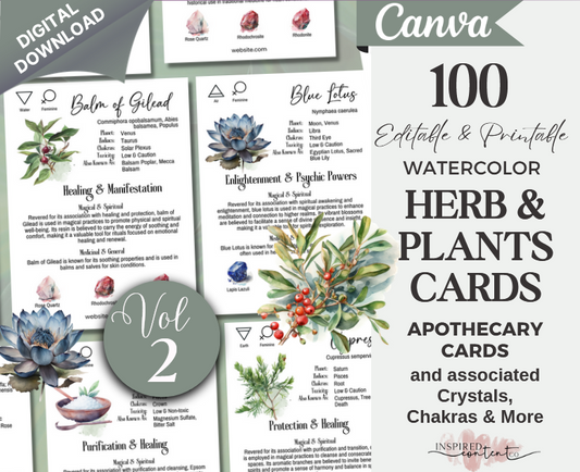 Vol 2 - 100 Herb & Plant Crystal Cards, Apothecary herb meaning cards, Editable Herbalism Plant Cards, Botanical info cards, printable herbs