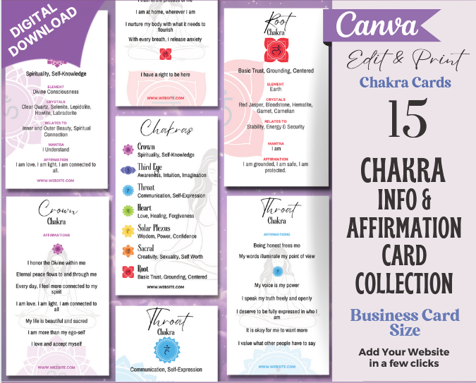 15 Chakra Info & Affirmation Cards - Printable Chakra Card Set, Canva Editable Seven Chakras Deck, Reiki Chakra Affirmations, Biz Card Size