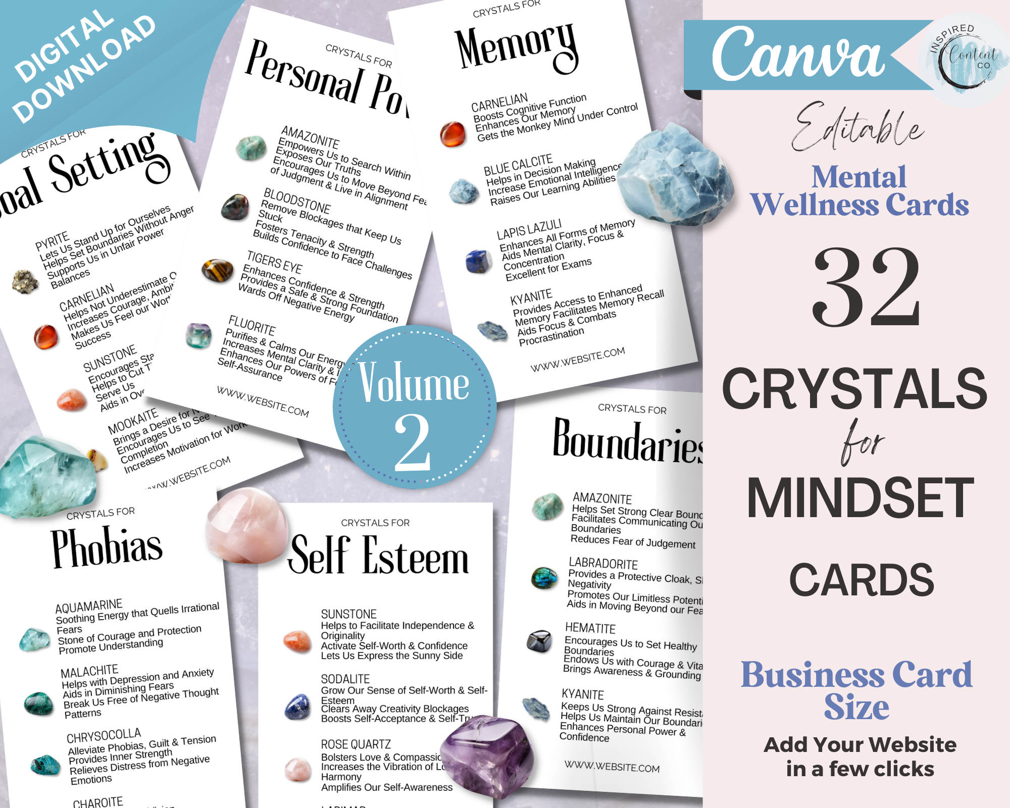 Crystal Message Cards 32 Crystals for Mindset Cards, Editable Crystal Kit Cards Set Business ...