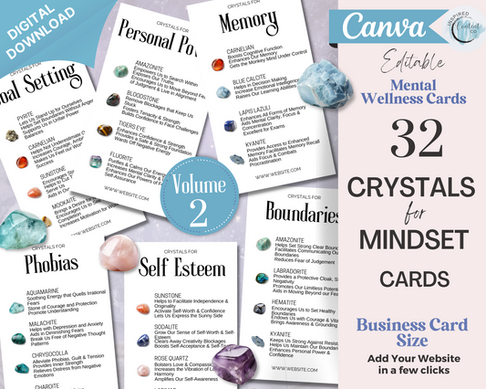 32 Crystals for Mindset Cards, Editable Crystal Kit Cards Set Business Card Size