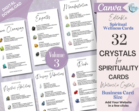 32 Crystals for Spirituality Cards, Editable Crystal Kit Cards Set Business Card Size