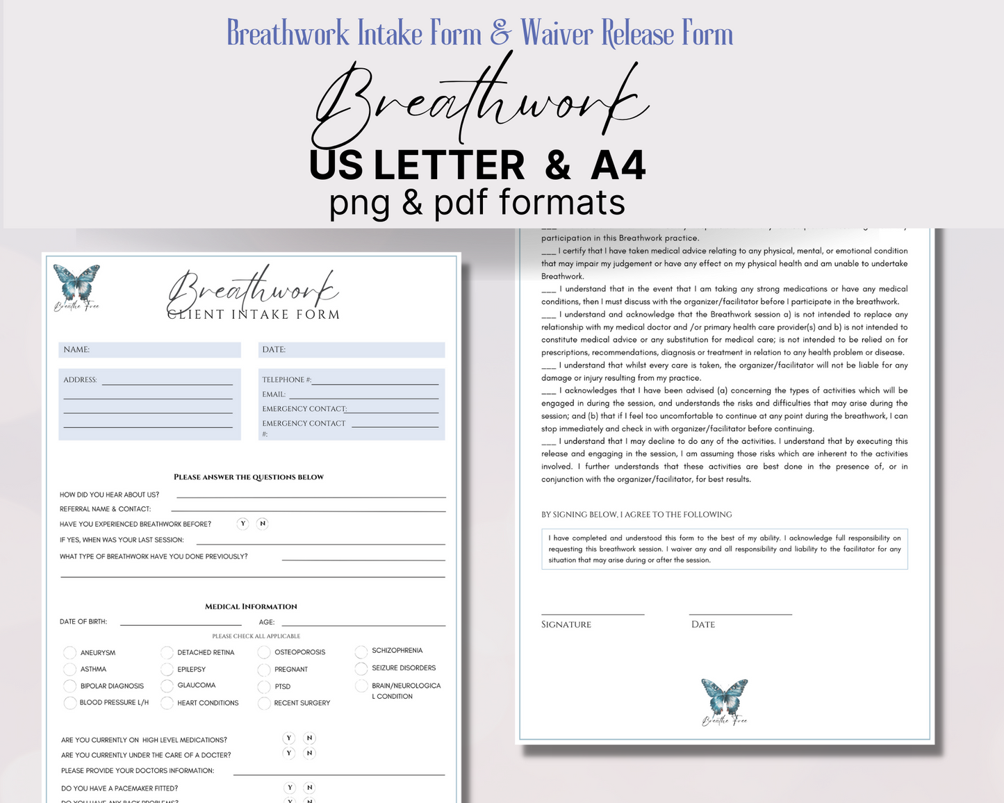 Breathwork Intake Form and Liability Waiver Form, Breath Journey Client Waiver, Editable Canva Intake Form Template, Waiver of Liability