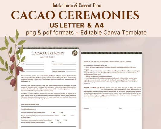 Cacao Ceremony Intake Consent & Waiver Form, Cacao Energy Healing Intake Form Editable in Canva, Printable Consent and Waiver Form Template