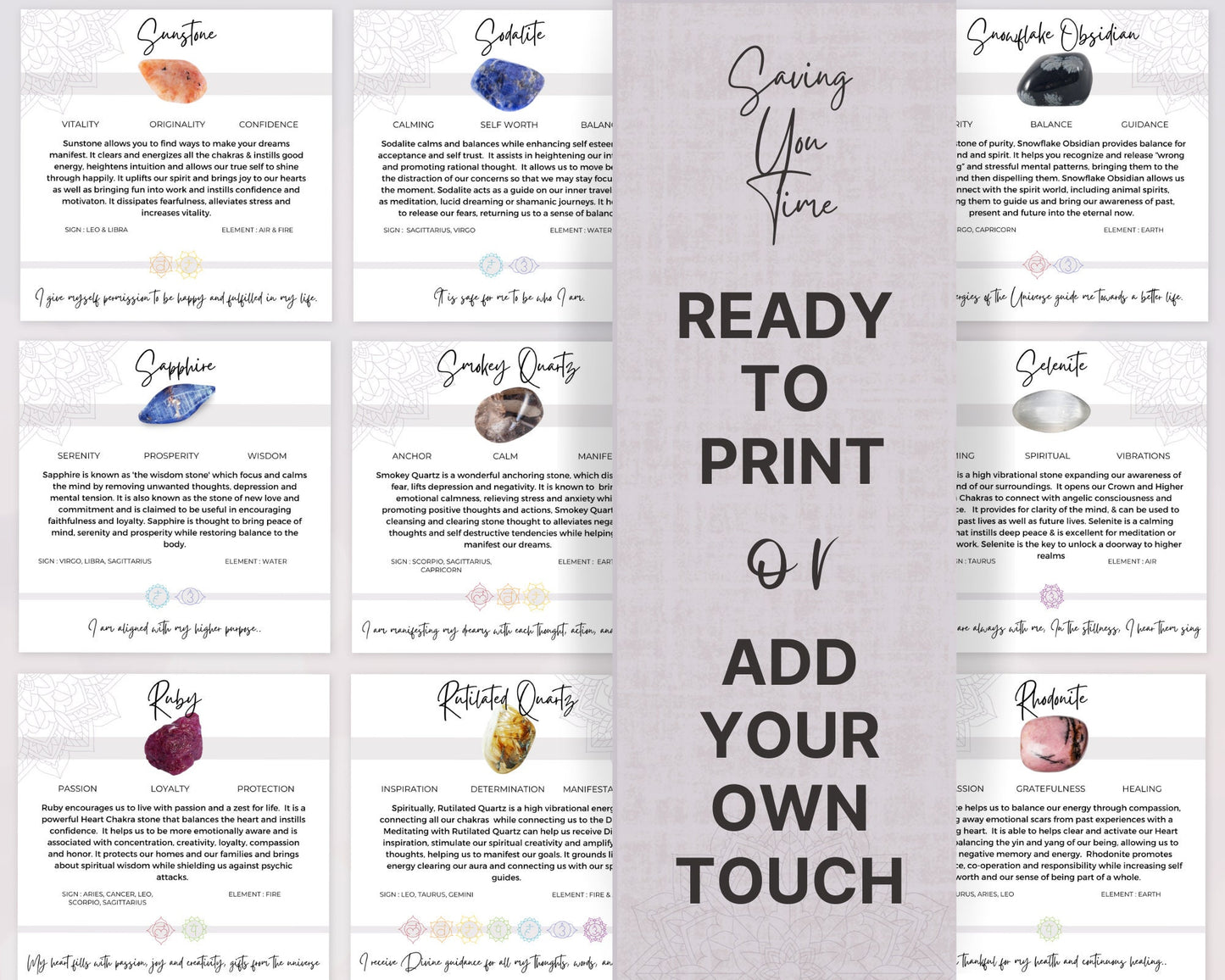 75 Printable Crystal Meaning Cards with Affirmations, Editable Crystal & Gemstone Cards, Crystal Reference with Crystal Meanings and Chakras