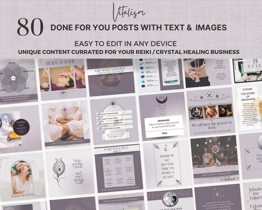 80 Reiki Healing Social Media Posts, Crystal Healing & Spiritual Instagram Template, Reiki Template, Spiritual Coaches, Reiki Marketing