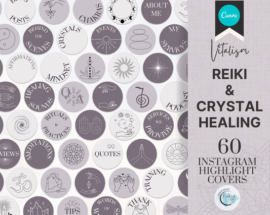 60 Reiki Healing Social Media Instagram Cover Template | Spiritual Instagram Highlights | Wellness, Energy Healing IG Branding Kit