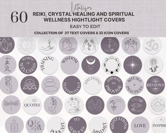 60 Reiki Healing Social Media Instagram Cover Template | Spiritual Instagram Highlights | Wellness, Energy Healing IG Branding Kit