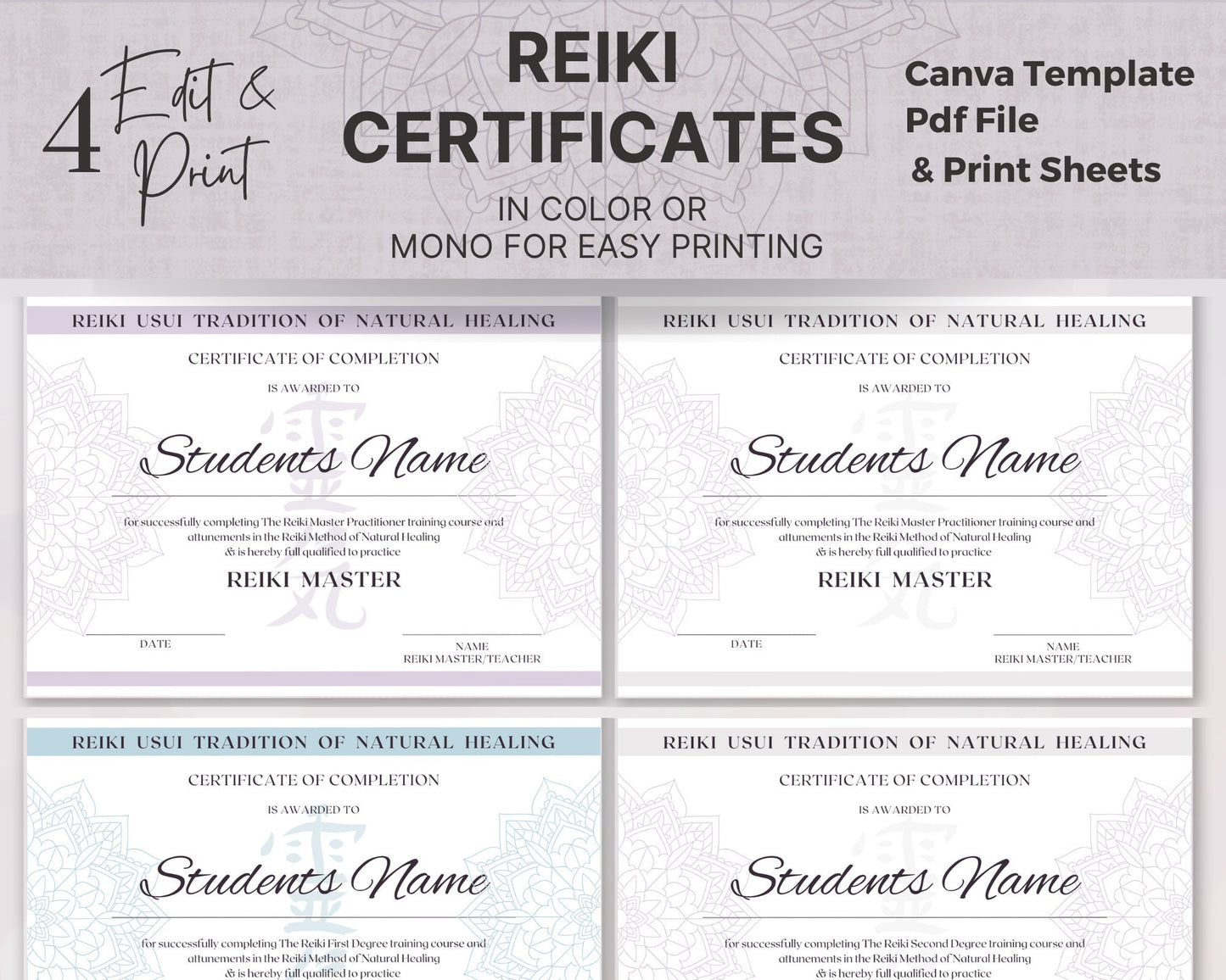 Editable Reiki Certificates 1-2-3-Master, Reiki Printable Canva Template and PDF, Color or Mono, Ideal for Reiki Practitioner Master Teacher