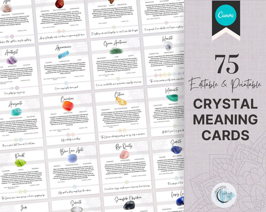 75 Printable Crystal Meaning Cards with Affirmations, Editable Crystal & Gemstone Cards, Crystal Reference with Crystal Meanings and Chakras