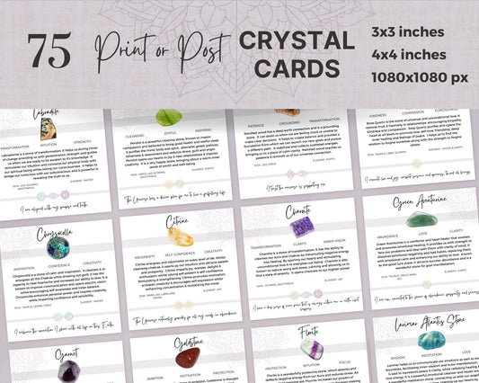 75 Printable Crystal Meaning Cards with Affirmations, Editable Crystal & Gemstone Cards, Crystal Reference with Crystal Meanings and Chakras