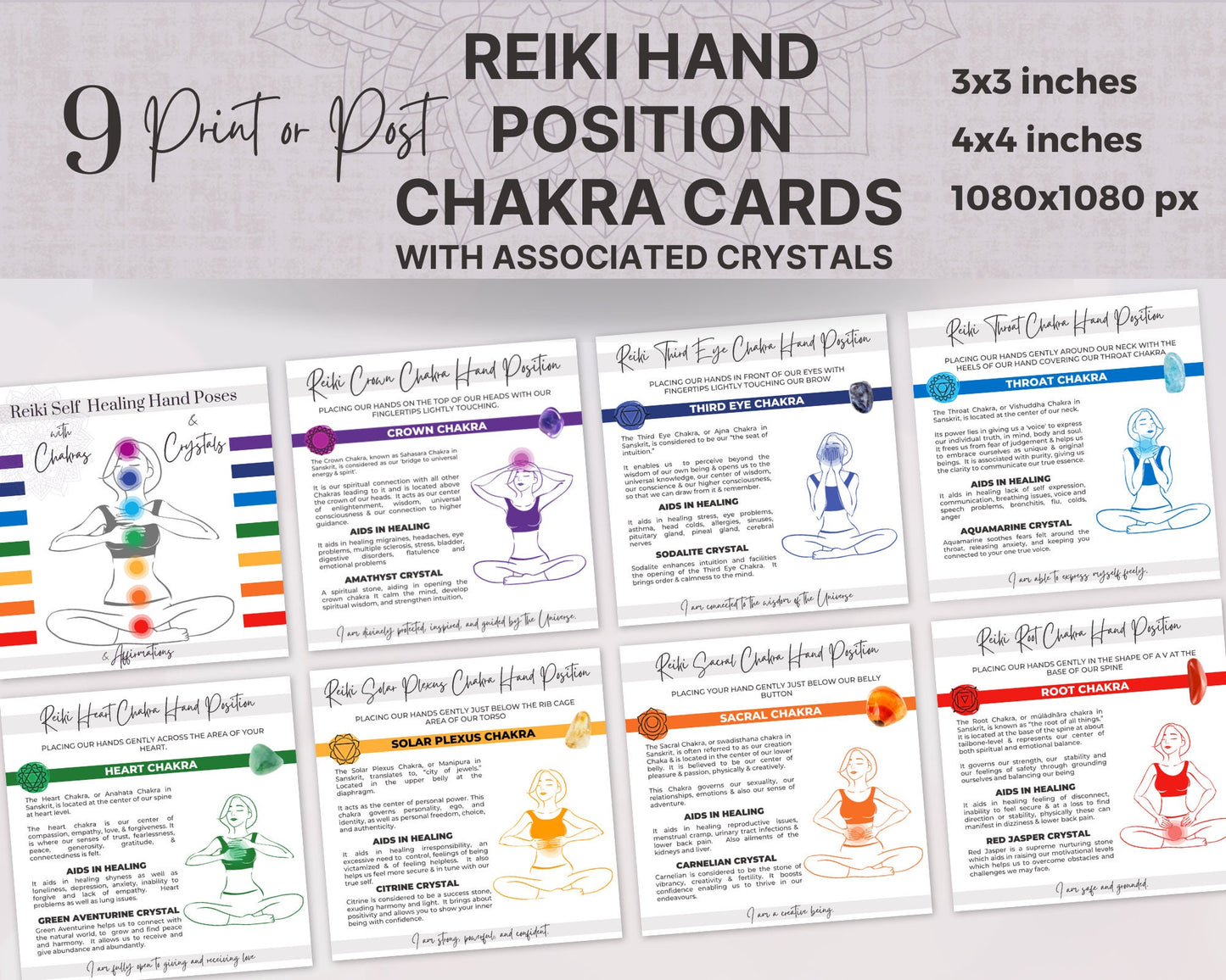 Self Healing Reiki Hand Position Reference Cards, Reiki Crystal Chakra Healing Cards for Reiki Masters and Reiki Practitioners