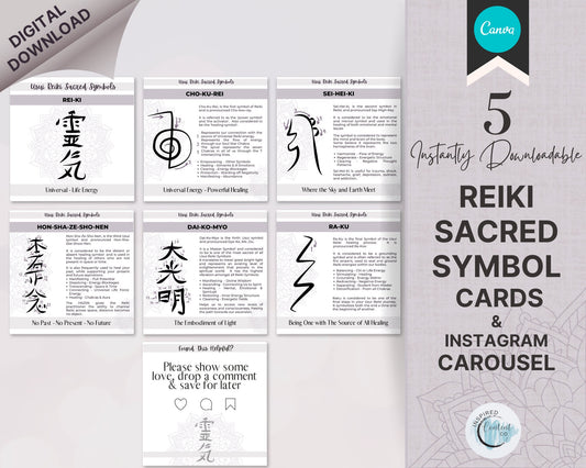 5 Reiki Symbols Cards, Usui Reiki Symbols, Editable Reiki Symbol Cards, Reiki Healing Cards, Cho Ku Rei, Sei Hei Ki, Hon Sha Ze Sho Nen