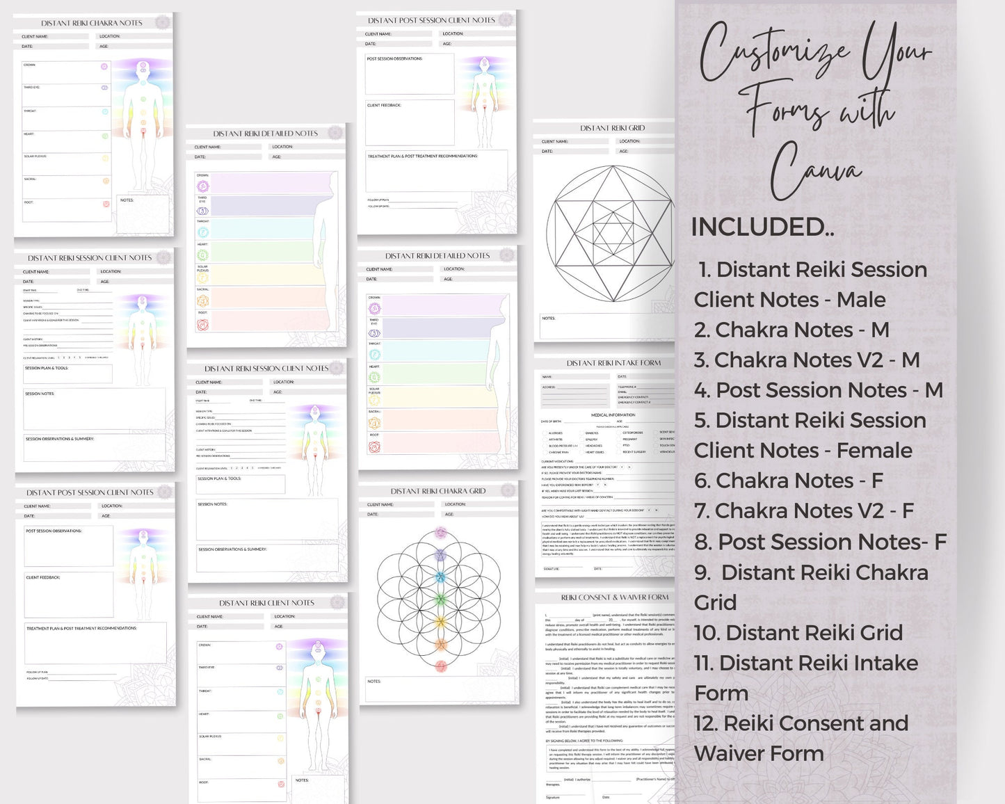 Distant Reiki Forms, Reiki Session forms for Distance Healing, Distant Healing Chakra Printables & Reiki Crystals Grid, Distance Healing