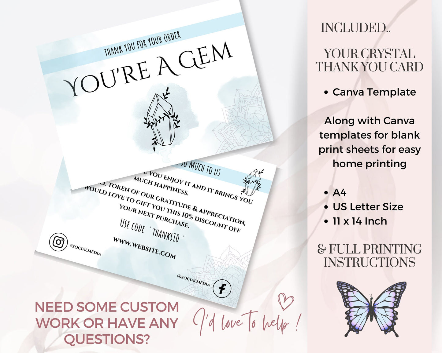 Crystal Thank You Card, You're a Gem, Thank you insert for your Crystal business, printable thank you for your order, crystal thank you note
