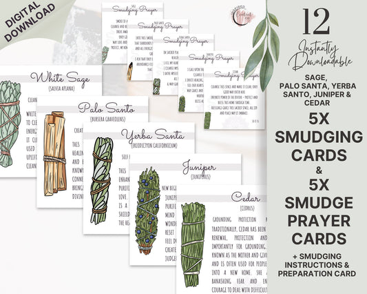 5 Smudging Cards & Smudge Prayer Cards with Smudging Instructions Yerba Santa Smudge, Sage, Palo Santo, Juniper and Cedar, Printable Cards