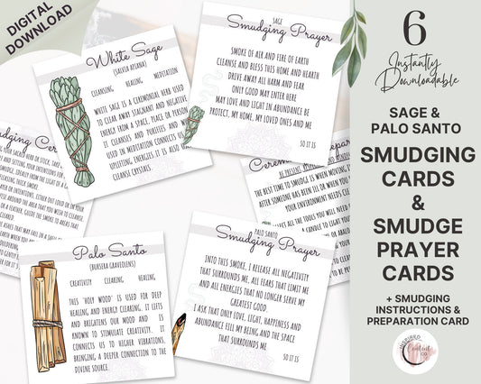 Smudging Cards, Smudging Prayer Cards & Smudging Instructions Sage and Palo Santo, Printable Cards and Smudging Guide, Energy Cleansing Kit