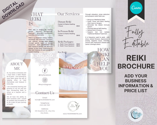 Reiki Brochure, Reiki Marketing Canva Brochure for your Energy Healing & Reiki Business, Reiki Healing Info Brochure, Reiki Session Brochure