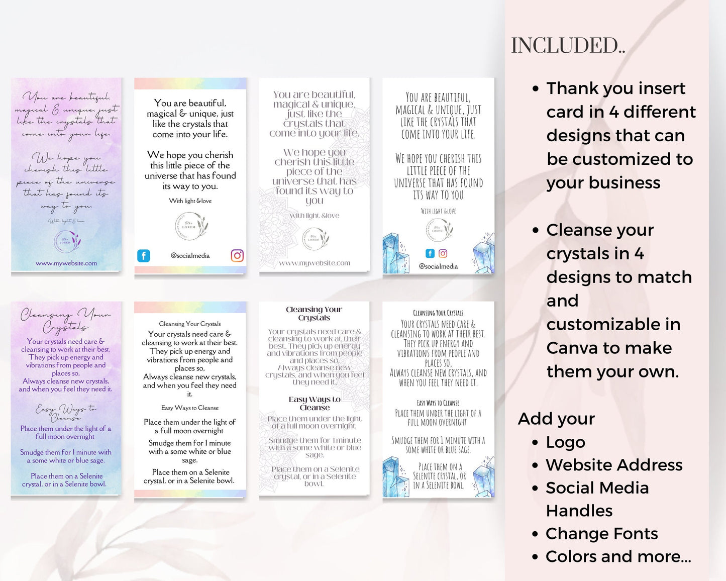 Crystal Insert Cards & Crystal Cleansing Cards Set, Crystals gift insert card, crystal information and crystal thank you insert