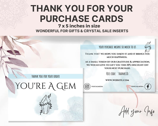 Crystal Thank You Card, You're a Gem, Thank you insert for your Crystal business, printable thank you for your order, crystal thank you note