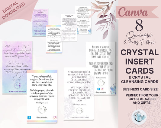 Crystal Insert Cards & Crystal Cleansing Cards Set, Crystals gift insert card, crystal information and crystal thank you insert