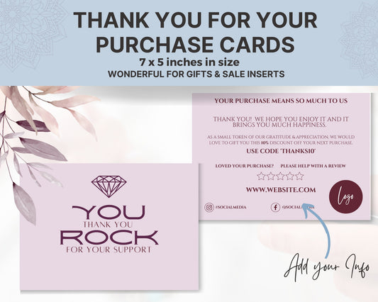 Crystal Thank You Card, You Rock Card, Thank you insert for yr Crystal business, printable thank you for your order, crystal thank you note