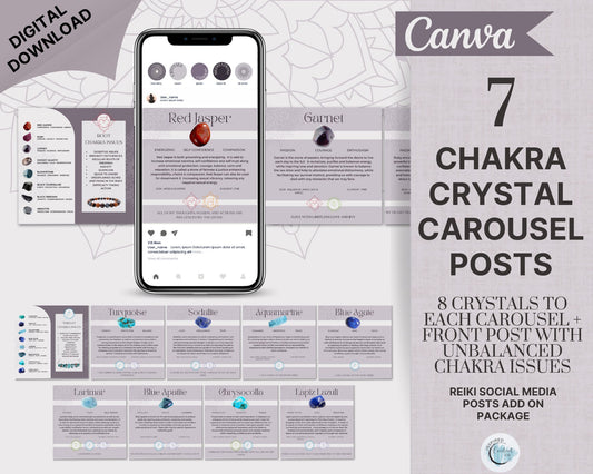Chakra Crystals Instagram Template Carousel Collection. 7 Chakras Energy Healing Instagram Carousel, Reiki Chakra crystal healing posts