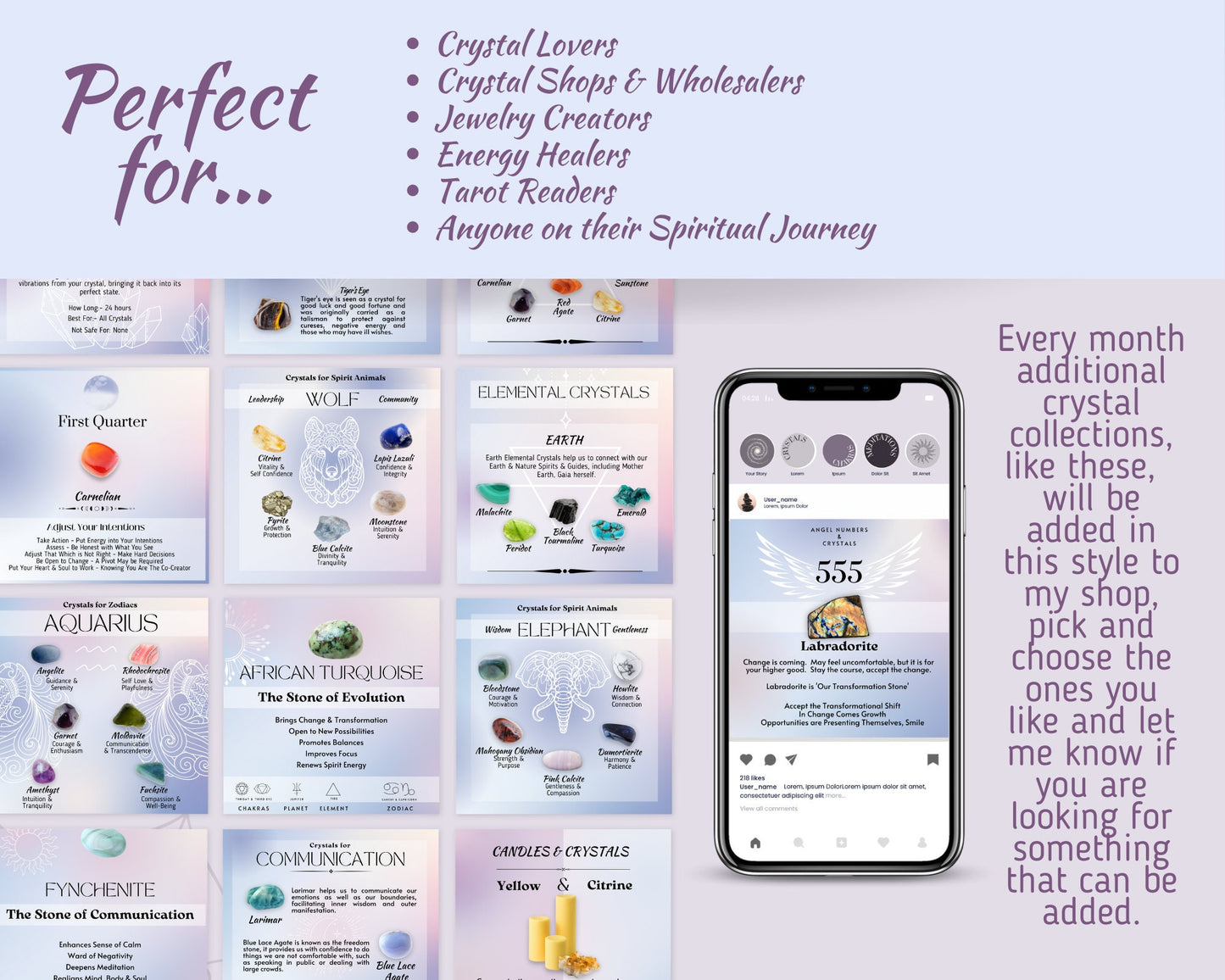 Vol 2 - Crystal Social Media Posts, Energy Healing Spiritual Instagram, Chakra Crystals Template, Crystal shop astrology crystal & witchy IG