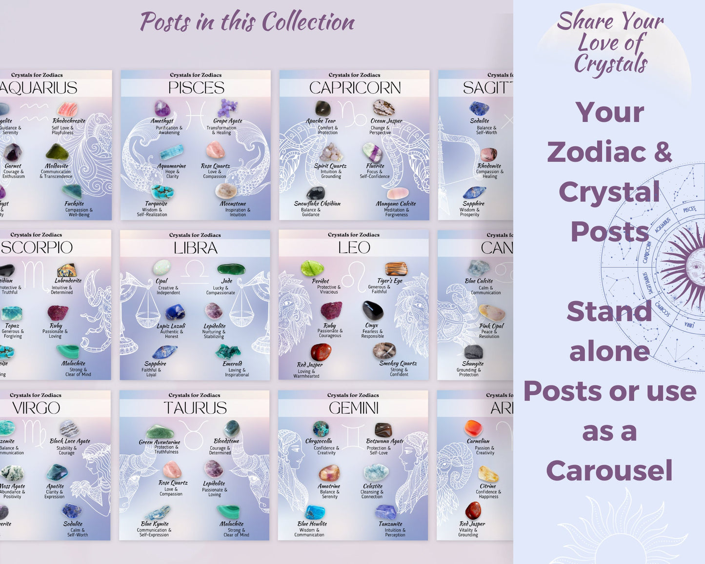 Zodiac & Crystals Posts, Birthstone Zodiac Crystal Social Media, Spritiual Instagram Canva Template, Healing Crystals Zodiac Star Sign Posts