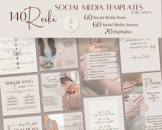 Reiki Social Media Vol 1 Collection  -  140 Reiki Social Media Bundle, Reiki Posts, Stories & Highlights, Reiki Template for Marketing Reiki Business, Spiritual Instagram in Canva